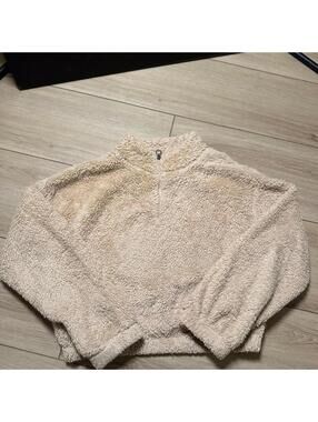 SO Womens Cream Sherpa Fleece Quarter Zip Pullover Mock Neck Teddy Sweater Large